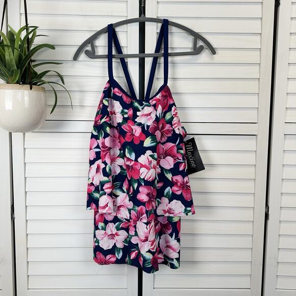 New Maxine of Hollywood Floral High Neck Double Ruffle Tankini Swim Top Size 16W - Picture 1 of 12
